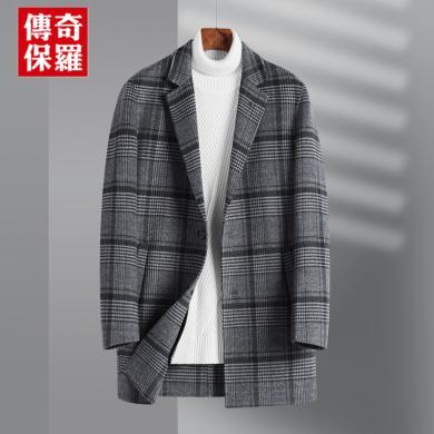 传奇保罗男装2022冬季青年休闲羊毛外套 单排扣灰色格子男士大衣LXY3027