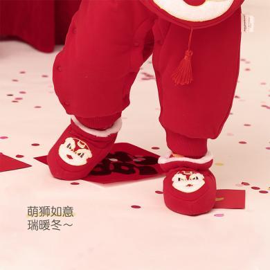 babylove婴儿护脚套中国风萌狮过新年新生儿红色满月加厚保暖袜套
