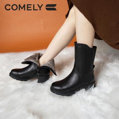 康莉KYQ2A916加绒头层牛皮靴女冬季粗跟羊毛里时装靴侧拉链中筒靴