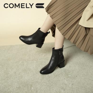 康莉KYQ20878粗跟瘦瘦靴短靴女冬季头层牛皮皮黑色短筒加绒高跟时装靴