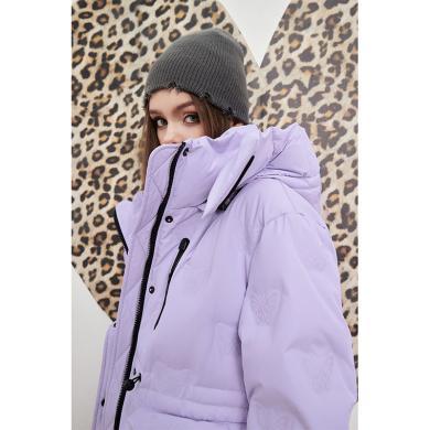妖精的口袋紫色中长款羽绒服女冬季加厚保暖连帽休闲设计感潮12415004