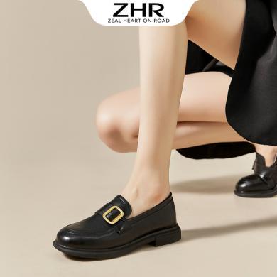 ZHR单鞋女新款春季气质复古一脚蹬乐福鞋女圆头二层牛皮平底女鞋BK12