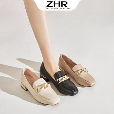 ZHR单鞋春季新款气质百搭英伦风小皮鞋一脚蹬粗跟方头女鞋K237