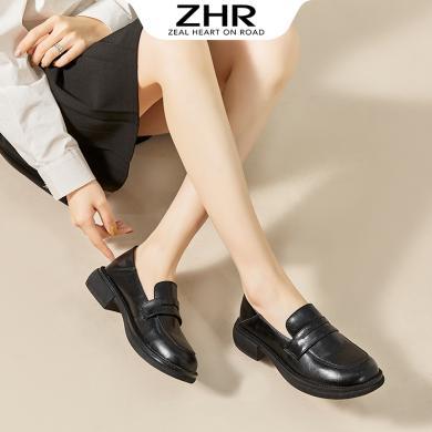 ZHR春季新款二层牛皮学院风乐福鞋女粗跟复古单鞋气质圆头女鞋AH207