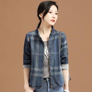 韩潮袭人 女装立领格子百搭牛仔外套女年春装新款韩版休闲短款棒球服q65D1533