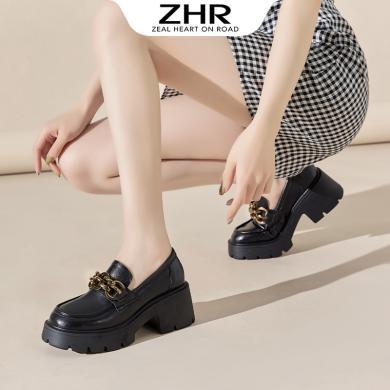 ZHR单鞋新款春季英伦风粗跟小皮鞋一脚蹬高跟乐福鞋女AY33