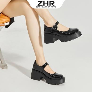 ZHR玛丽珍女鞋春季新款英伦风浅口厚底小皮鞋女高跟二层牛皮圆头单鞋AY37