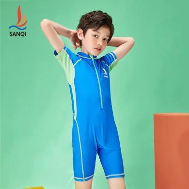三奇儿童泳衣男童连体短袖新款透气速干韩版小中大童学游泳装