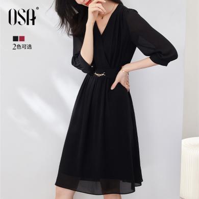 OSA欧莎 优雅气质黑色雪纺连衣裙女夏季新款洋气时尚v领裙子   S122B13007T