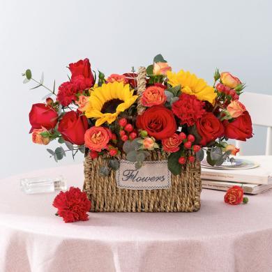 鲜花 美好祝福-鲜花送老婆妈妈全国同城配送当/次日达红色康乃馨11枝、卡罗拉红玫瑰11枝、向日葵3枝