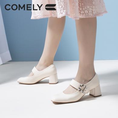 康莉KYQ2A513单鞋女粗跟方头水钻时尚漆皮法式甜美玛丽珍鞋