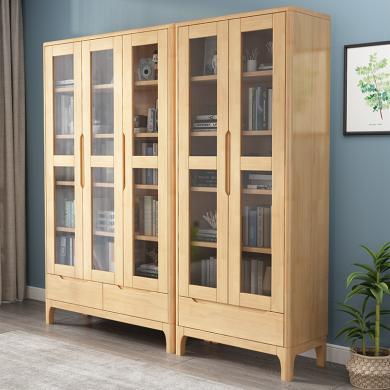 皇家密码 北欧实木简约现代自由组合实木书柜书房带玻璃门带抽屉书橱置物柜