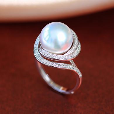 慕梵珠宝  玺珠11-12mm大颗白色正圆淡水珍珠戒指女夸张S925银戒子