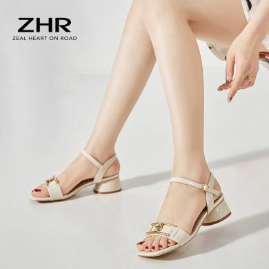 ZHR新款夏季粗跟凉鞋方头一字扣带仙女风中跟女鞋BL18