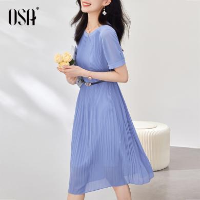 OSA欧莎蓝色雪纺连衣裙女夏季新款收腰显瘦优雅百褶裙子薄  S122B13014T