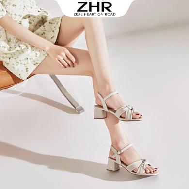 ZHR粗跟凉鞋女夏季新款方头时尚气质优雅百搭仙女风高跟鞋Y578