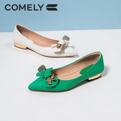 康莉春季新款KYQ2A518单鞋女低跟尖头软皮软底绿色蝴蝶结法式平底鞋