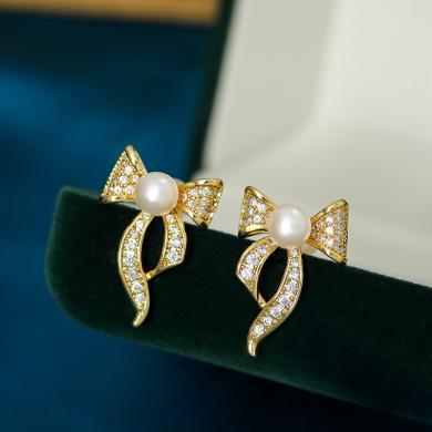 慕梵珠宝  领结款淡水珍珠耳钉精致通勤甜美锆石S925银针耳环2024年新款