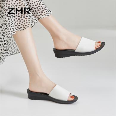 ZHR年夏季新款简约二层牛皮凉拖女外穿时尚休闲坡跟拖鞋AM20