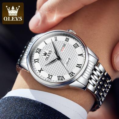 欧利时(OLEVS)瑞士品牌手表男士石英表商务星期日历防水精钢表带潮流时尚腕表