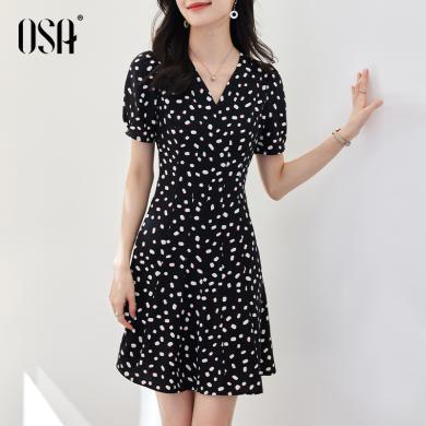 OSA欧莎法式黑色波点v领连衣裙女夏季新款高级感显瘦茶歇裙   S122B13047T