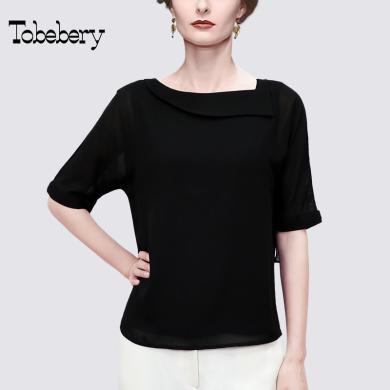 tobebery黑色雪纺高端欧洲站短袖t恤女2022年夏季新款修身设计感薄款上衣