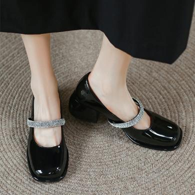 ZHR年夏季新款法式复古方头一脚蹬单鞋女一字带水钻玛丽珍鞋CG10