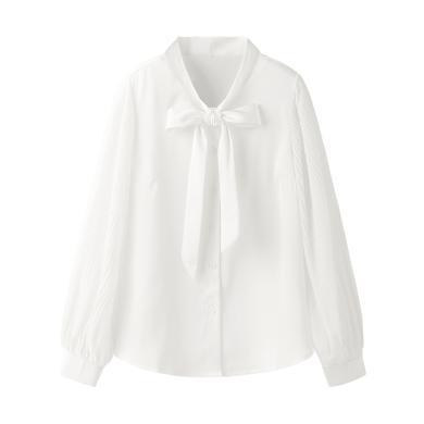 艾米恋蝴蝶结系带衬衫女秋季新款宽松设计感v领上衣白色长袖衬衣  C2505