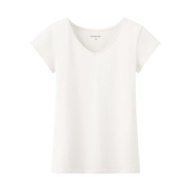 艾米恋 v领t恤女夏修身短袖紧身上衣纯色体恤白色半袖打底衫丅 D8224