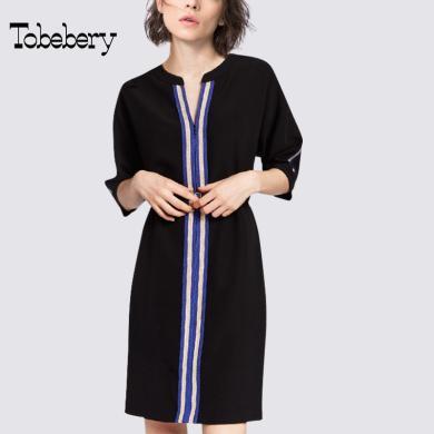 tobebery时尚气质黑色连衣裙拼接一步裙2022年新款夏季女装高端显瘦裙子