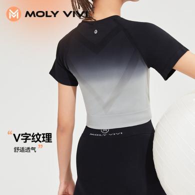 魔力薇薇MOLYVIVI 新款短袖渐变T恤女运动速干衣健身衣瑜伽服上衣【比欧户外】