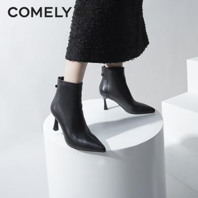 康莉KYQ2A836尖头短靴女冬季细跟羊皮瘦瘦靴高跟时装靴后拉链