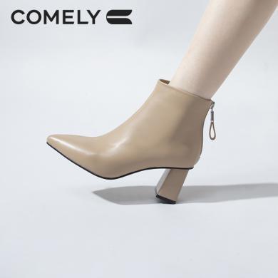 康莉KYQ2A802粗跟短靴女冬季尖头高跟软后拉链气质时装靴