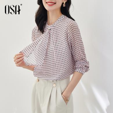 OSA欧莎法式优雅波点飘带雪纺衫女秋装新款显瘦长袖小衫上衣   S122C17001T