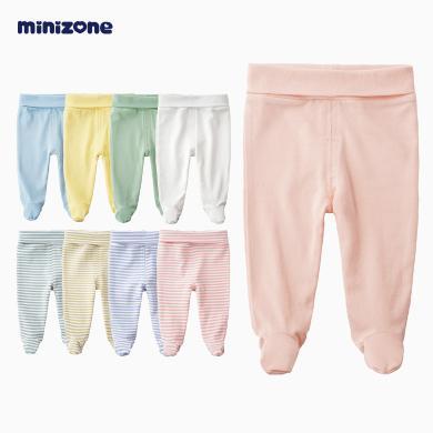 minizone新生儿裤子0-3-6月男女宝宝高腰护肚婴儿春秋包脚裤连袜 M1253
