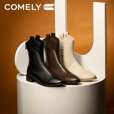 康莉KKD21876冬季新款尖头西部牛仔靴女中筒后拉链棕色粗跟百搭加绒骑士靴