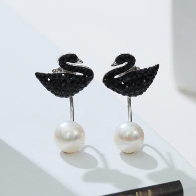 慕梵珠宝 黑天鹅淡水珍珠S925银耳环韩版个性款耳钉