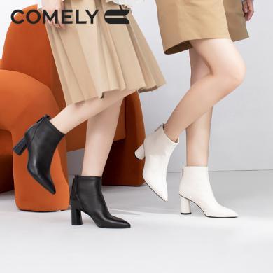 康莉KYQ21800冬季新款时装靴女羊皮粗跟简约百搭尖头高跟舒适通勤工作单靴
