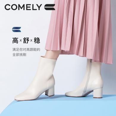 康莉KYQ21823高跟时装靴女冬季新款粗跟羊皮法式简约中筒靴瘦瘦靴加绒