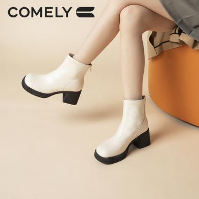 康莉KLN2A855短靴女粗跟冬季芒果头方跟瘦瘦靴英伦风显瘦高跟时装靴