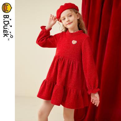 【过年服】B.Duck小黄鸭童装女童连衣裙冬装新款儿童洋气红色裙子保暖厚包邮BF5380010