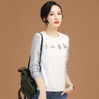 韩潮袭人 圆领蕾丝拼接条纹卫衣女2023春季新款刺绣拼接长袖T恤上衣薄D3450