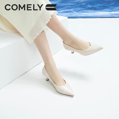 康莉KYQ3A065单鞋女细跟尖头软底羊皮舒适职业中跟鞋