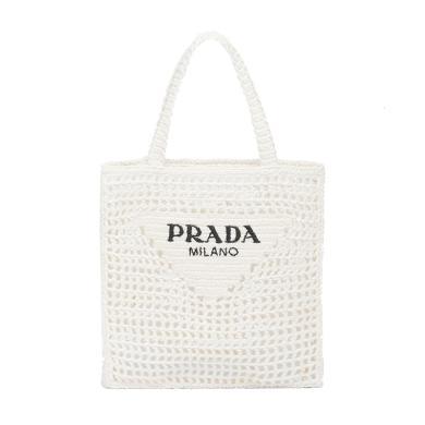 【支持购物卡】prada/普拉达 白色女士时尚休闲钩针编织单肩托特包 香港直邮