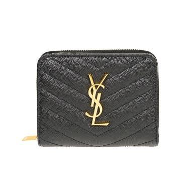 【支持购物卡】YSL/圣罗兰 女士金属logo标志长条黑色小牛皮短款钱包 香港直邮