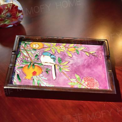 墨菲立体手绘瓷板画托盘茶盘新中式挂盘方形零食盘餐桌茶几装饰品摆件