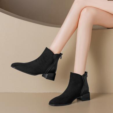 ZHR短靴女秋冬新款粗跟增高显瘦时装靴复古黑色拼接加绒单靴YT737MA