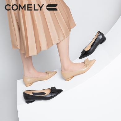 康莉KYQ2K032低跟单鞋女羊皮粗跟尖头蝴蝶结舒适通勤女鞋