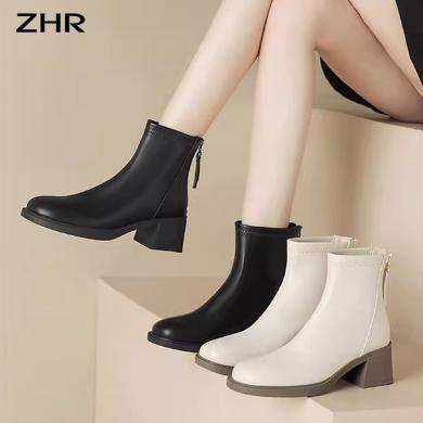 ZHR高跟气质加绒短靴女秋冬新款保暖瘦瘦靴粗跟时装马丁靴BLT206AM
