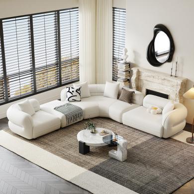 法式奶油风羊羔绒布艺沙发大小户型弧形组合沙发现代简约侘寂风
